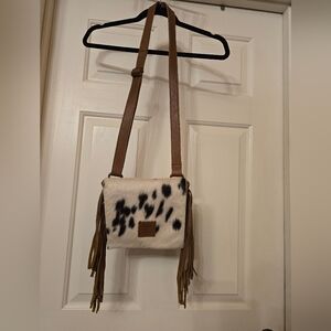 Cowhide Spot Crossbody Bag with Fringe - White/Black